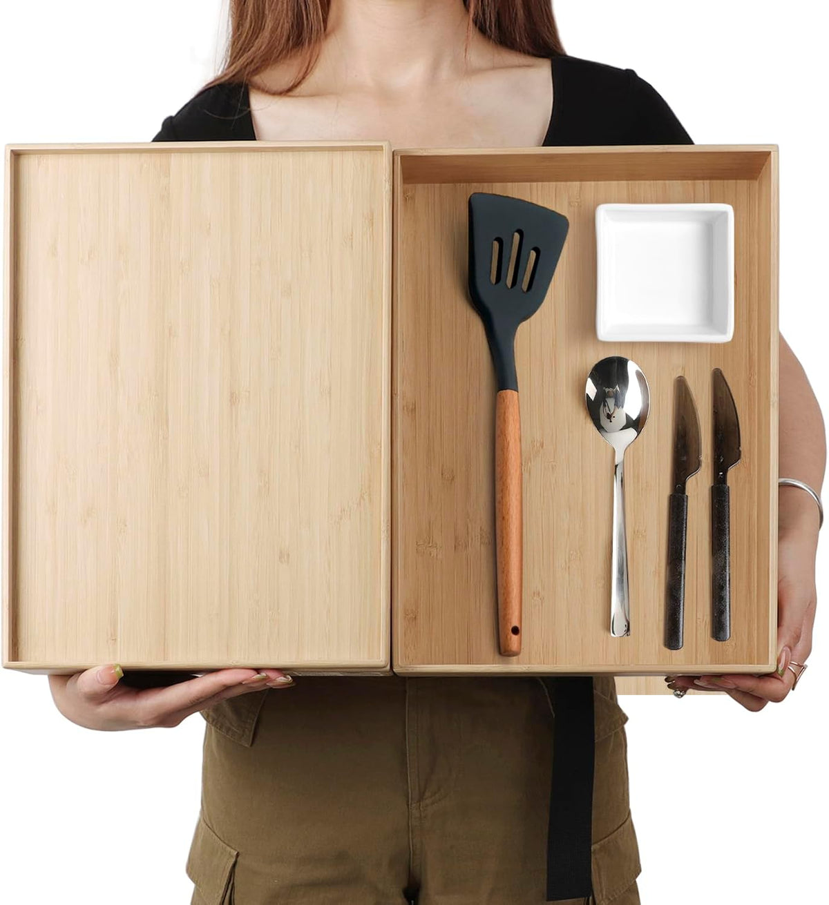 BAMOTTO CRAFTBAMBOO Stack Bamboo Drawer Organizer Set of 5, Kitchen Utensil, Flatware&Silverware Organizer-Wood Laminated Stackable for Kitchen, Bedroom, 13.4''x4.5''*2+10.2''x3.3''*2+10.2''x6.7''*1