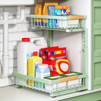 Kitstorack Under Sink Organizer, 2 Tier Under the Sink Storage, Slide out Pull out Cabinet Organizer Shelf, Metal Sliding Drawer for Kitchen Bathroom Pantry Closet Organization Rack, Black