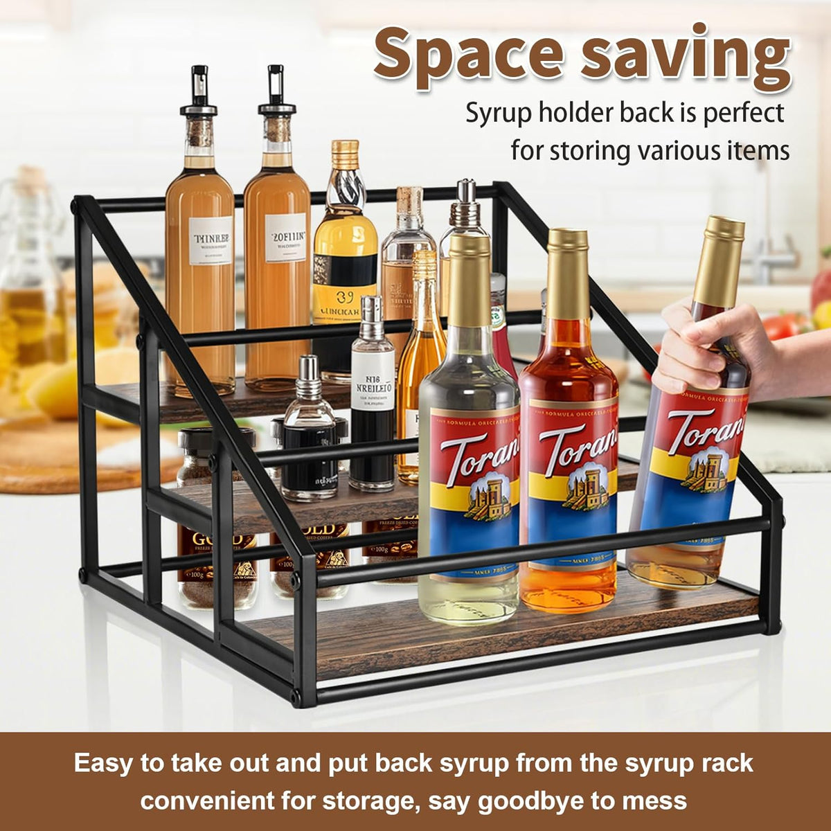 Coffee Syrup Organizer Rack, Liquor Bottle Display Shelf, Spice Racks, 4-Tier 16 Syrup Bottles Holder Stand for Coffee Bar Kitchen Small Wine Rack for Bar Family Storage for Syrup Wine Dressing