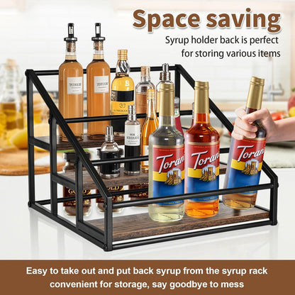 Coffee Syrup Organizer Rack, Liquor Bottle Display Shelf, Spice Racks, 4-Tier 16 Syrup Bottles Holder Stand for Coffee Bar Kitchen Small Wine Rack for Bar Family Storage for Syrup Wine Dressing