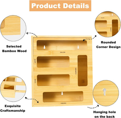 Bag Storage Organizer Compatible with Ziploc | Gallon, Quart, Sandwich & Snack Sized Slider Bags,Bamboo Organizer For Drawer,13.7"L*11.8H"*3.1W"