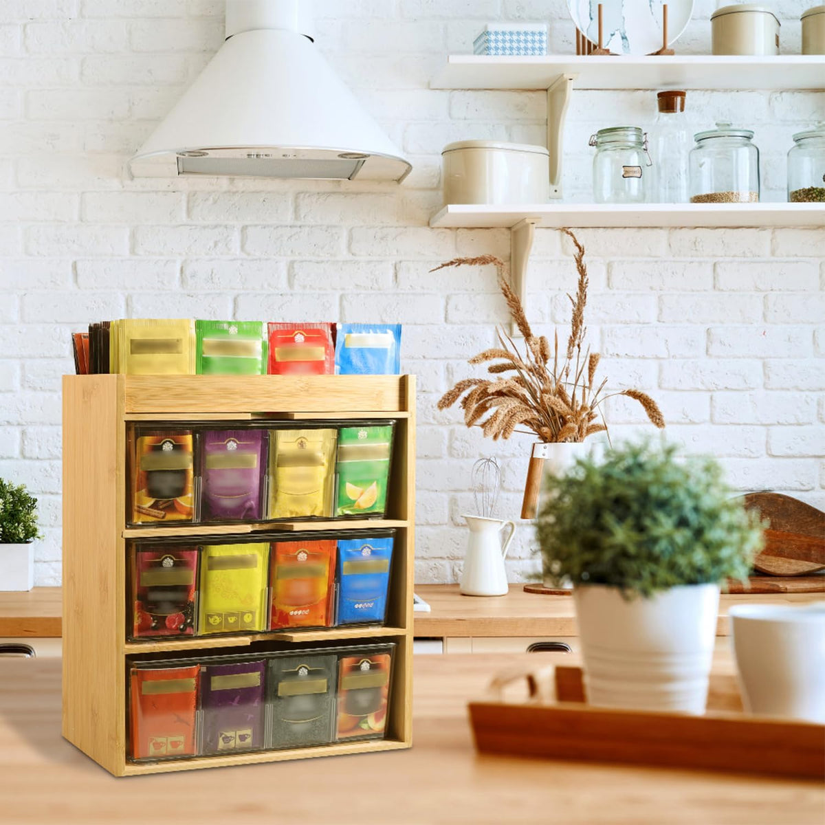 TIMIEEYA Tea Bag Organizer - Bamboo Tea Storage Organizer With Drawer 2 Layer, Tea Organizer for Tea Bags Natural Wood & Acrylic for Countertop Office Kitchen Cabinet Pantry