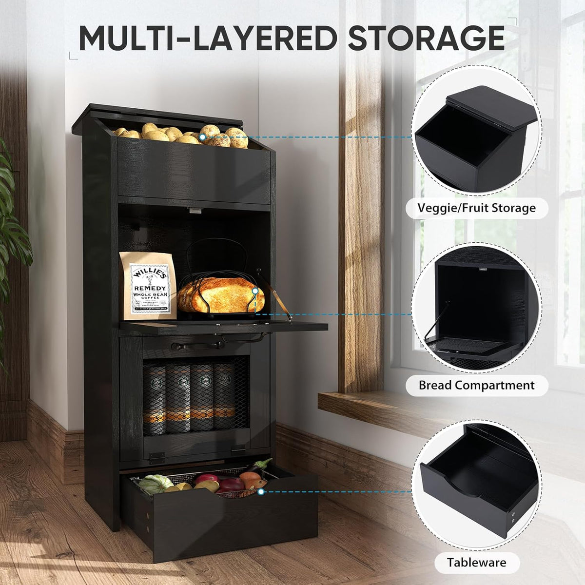 Verano Garden Potato Storage Bin, Wood Bread Box with Lid, Farmhouse Potato and Onion Storage Bin with Mesh Doors, Fruit and Vegetable Storage Rack with Removable Drawer (Rustic Brown, 16.0")