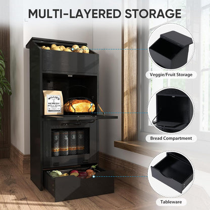 Verano Garden Potato Storage Bin, Wood Bread Box with Lid, Farmhouse Potato and Onion Storage Bin with Mesh Doors, Fruit and Vegetable Storage Rack with Removable Drawer (Rustic Brown, 16.0")