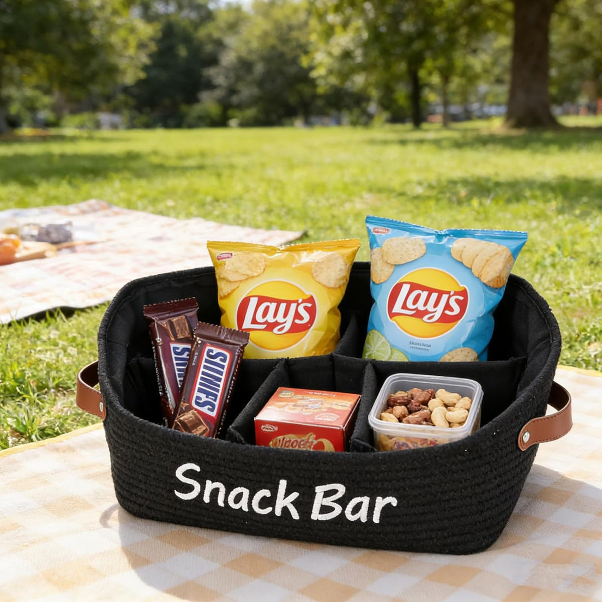 Snack Organizer for Pantry, Trapezoid Snack Organizer with Handles, 5 Compartment snack basket snack bar organizer, Cotton Rope Storage Basket for Kitchen Pantry Organization and Storage-Black