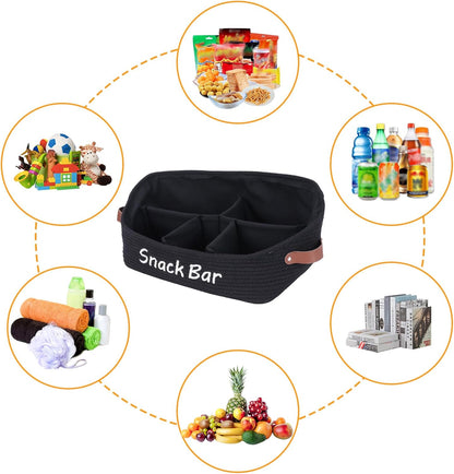 Snack Organizer for Pantry, Trapezoid Snack Organizer with Handles, 5 Compartment snack basket snack bar organizer, Cotton Rope Storage Basket for Kitchen Pantry Organization and Storage-Black