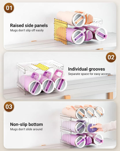 Gracenal Water Bottle Organizer for Stanley Cup Accessories, Cabinet Organizers and Storage for Meoky 40 oz Tumbler with Handle, Fridge Tumbler Organizer Kitchen Gadgets Gifts, 2Pack Large-6-bottle