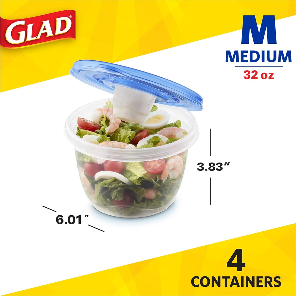 Glad GladWare XL Square Food Storage Containers with Lock Tight Lids, BPA-Free Family Size Plastic Containers for Leftovers, Meal Prep, and Freezer Storage, Dishwasher Safe, 104 Oz