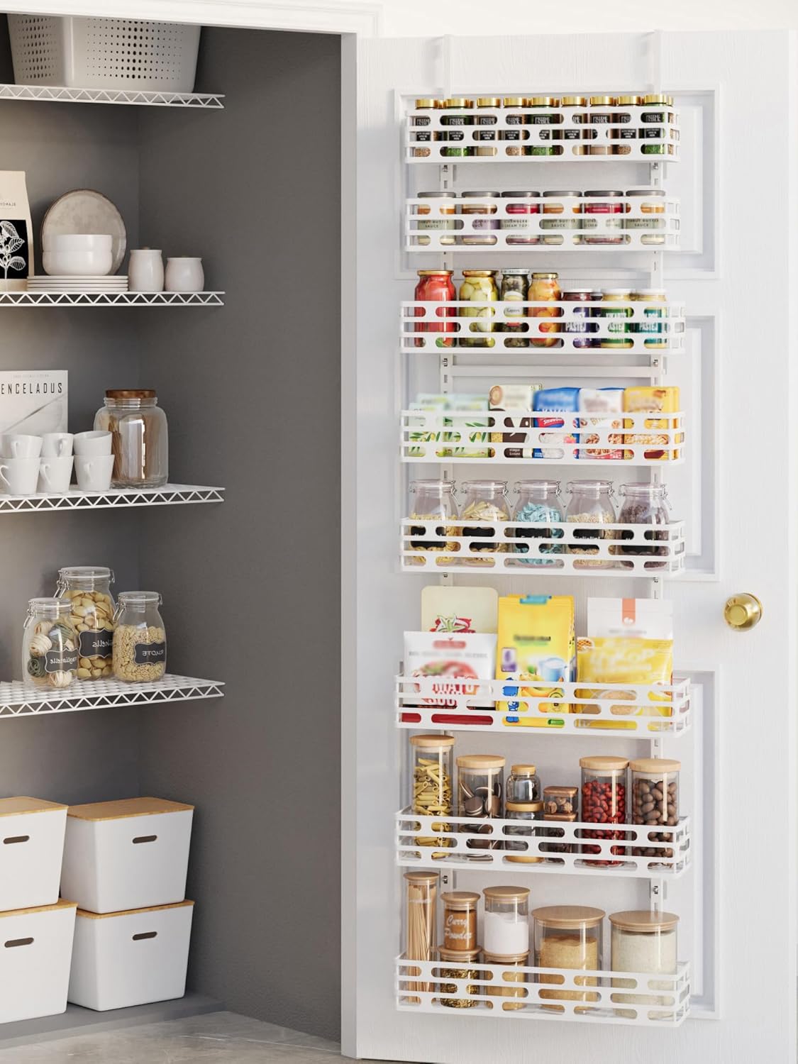 6-Tier Over the Door Pantry Organizer, Pantry Organization And Storage, Hanging Storage Organizer Spice Rack Metal Shelving for Home & Kitchen, Office Laundry Room Bathroom Black