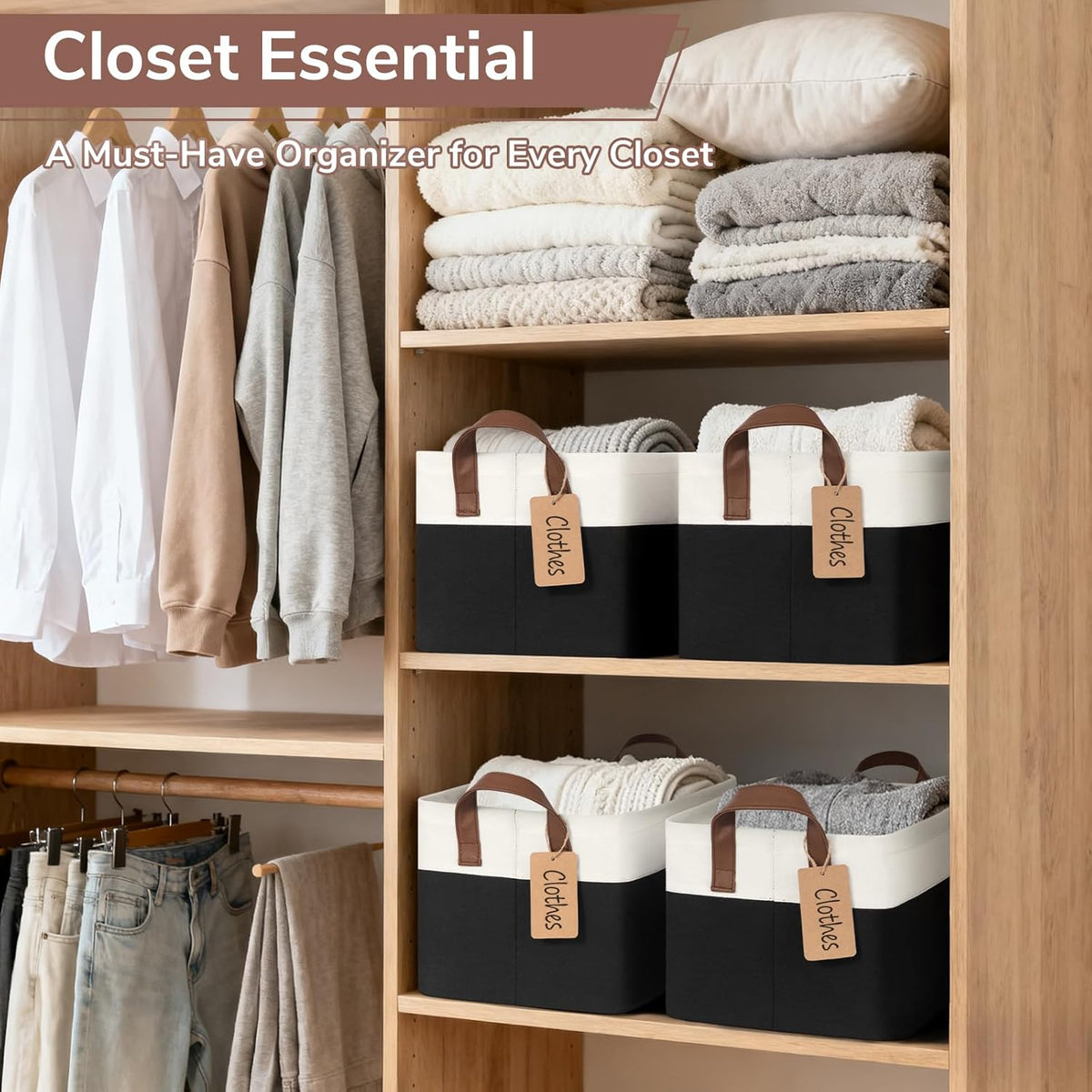 CHICVITA 4 Pack Large Storage Baskets for Shelves, Collapsible Closet Organizer Bins with Metal Frame, Fabric Storage Bins for Clothes Towels Organization, 16.8" x 11" x 9.8", Beige