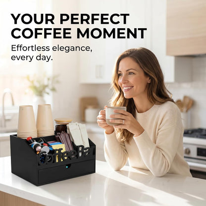 Coffee Bar Organizer for Countertop – Wooden Coffee Caddy with Compartments for Pods, Sugar Packets, and Accessories – Coffee Condiment Station Storage for Home and Office (Black)