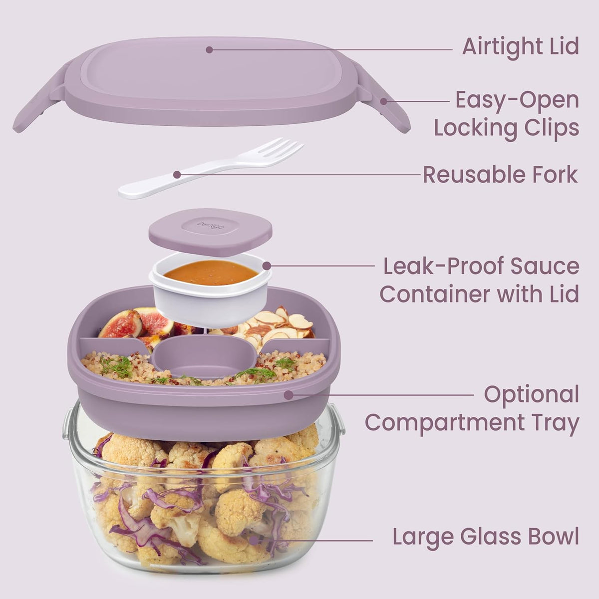 Bentgo Glass Prints Salad Container - 7.6-Cup Tinted Glass Salad Bowl with Airtight Lid, Leak-Proof Sauce Container, 4-Compartment Bento Meal Prep Tray & Reusable Fork (Floral Maximalist - Sea)