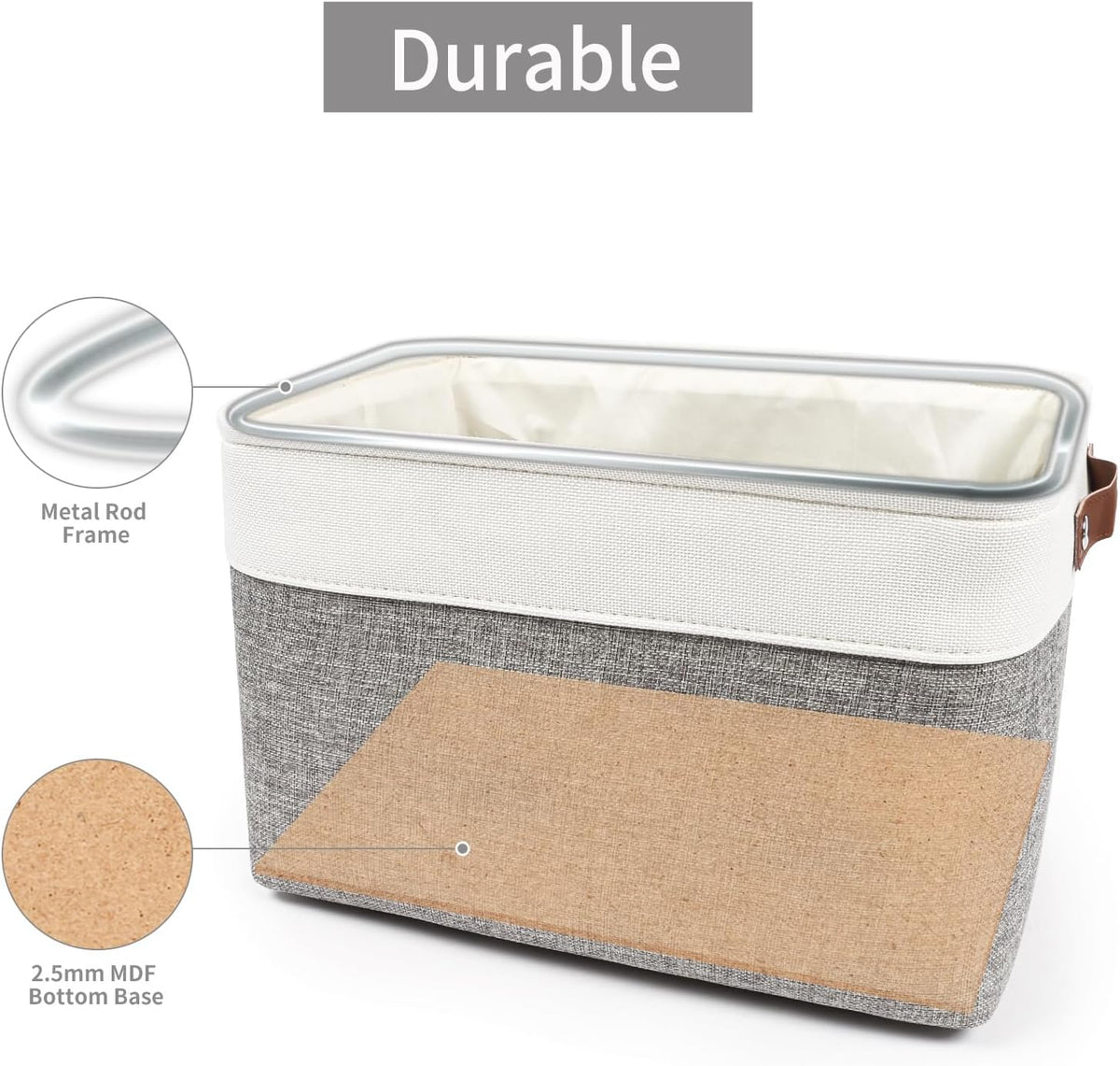 Bagnizer Large Fabric Storage Baskets | 50L Storage Bins, Decorative Linen Closet Baskets with Handles for Organizing, Shelf, Toys, Clothes, Home, Office, Nursery, 17x12x15Inches (Grey&White)