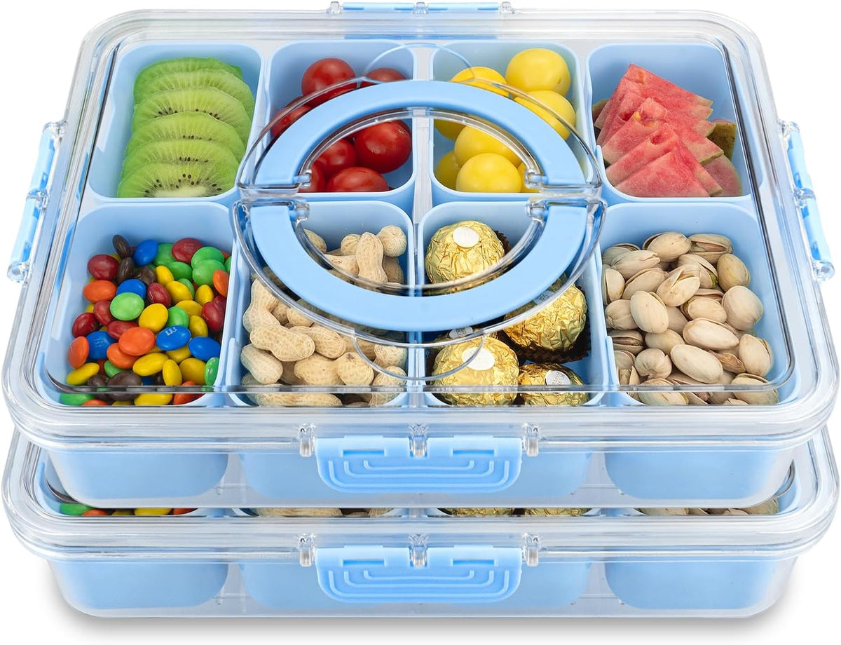 Divided Serving Tray with Lid and Handle,8 Compartments Snacks Box,Snack Fruit Tray,Veggie Tray,Portable Platter for Candy Fruits Nuts Snack Party Entertaining Picnic