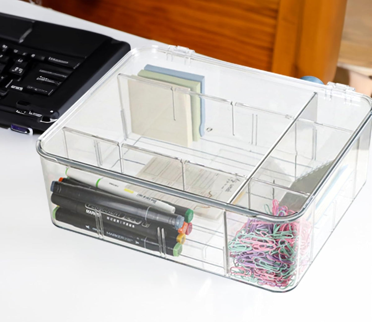 ZEXALOR Plastic Clear Storage Containers, Set of 2 Tea Bag Organizer Boxes 8 Compartments with Lids, Underwear Tie Drawer Organizer, Dresser Organizer (10.8×7×3.7")