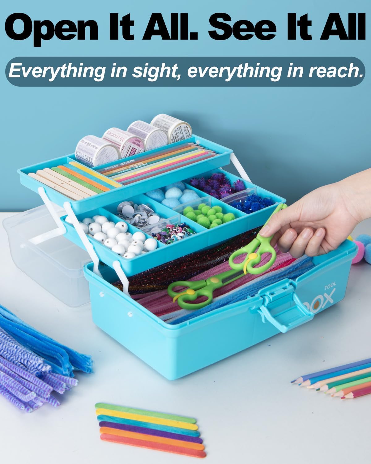 TERGOO 12in 3-Layer Plastic Craft Organizers and Storage, Portable Folding Tackle Box with Handle & Adjustable Dividers, Multipurpose Case for Sewing, Art Supplies, Medicine, Tools (Blue)