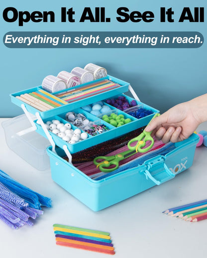 TERGOO 12in 3-Layer Plastic Craft Organizers and Storage, Portable Folding Tackle Box with Handle & Adjustable Dividers, Multipurpose Case for Sewing, Art Supplies, Medicine, Tools (Blue)