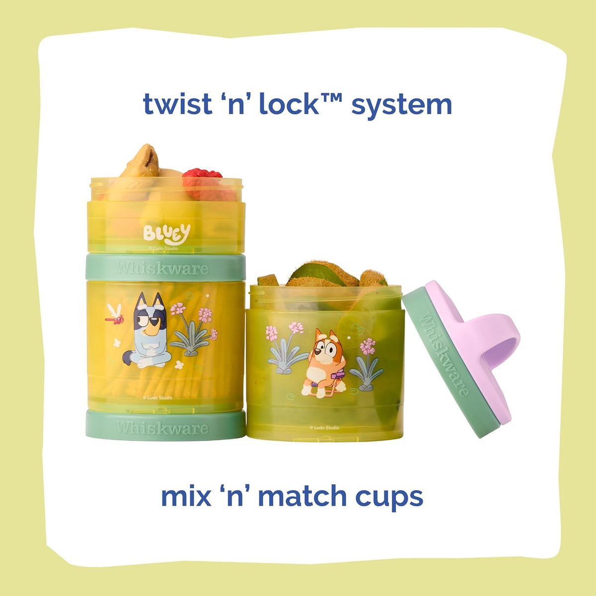 Whiskware Bluey Stackable Snack Containers for Babies, Toddlers, and Kids, 3 Stackable Snack Cups for School and Travel, Cupholder Friendly, Bluey and Bingo! Let’s Do This!