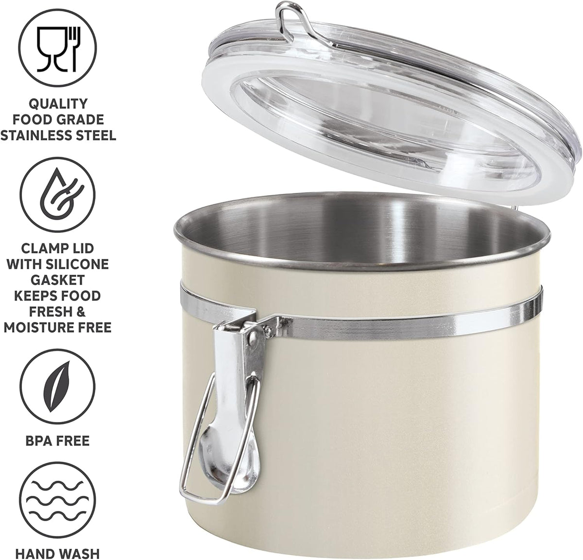 Oggi Stainless Steel Kitchen Canister 152 fl oz - Airtight Clamp Lid, Clear See-Thru Top - Ideal for Kitchen Storage, Food Storage, Pantry Storage. Jumbo Size 8" x 8".