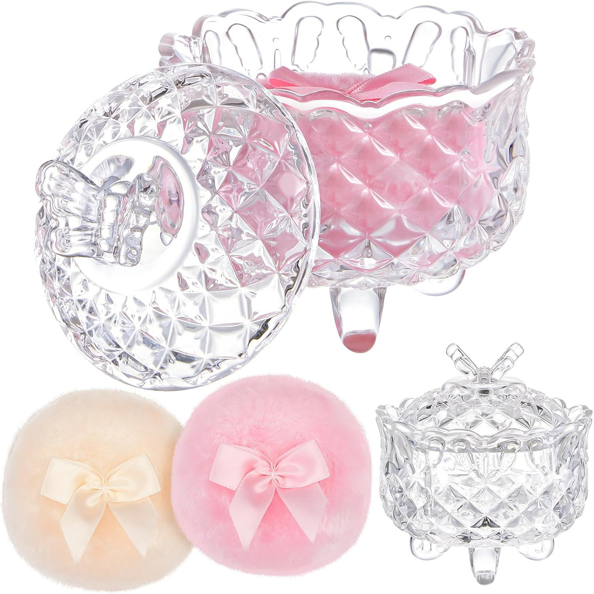 Tioncy 3 Pcs Large Body Powder Puff and Container Valentine's Day gift Powder Container with Puff Crystal Case Soft Washable Reusable Velour Face Body Glitter Wet Dry Makeup (Classic,Clear)