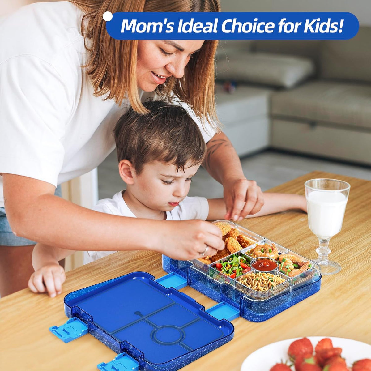 Bento Lunch Box for Kids, 6 Compartments BPA Free, Dishwasher Safe Back to School Snack Bento Lunch Containers Boxes, Ideal Portion Sizes for On-the-Go Meal, Ages 3+, School, Green Patterned