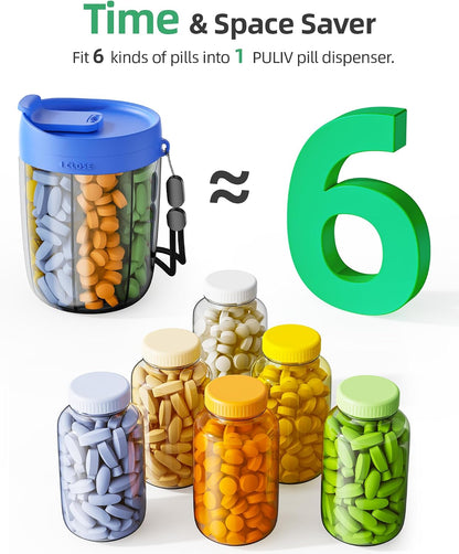 PULIV Large Pill Bottle Organizer for Holding 6 Various Vitamins without Filling Hassle, Supplement Organizer for Travel, Anti-Mixing Pill Box Case with Wide Opening for Easy Pill Retrieval, 20 Labels