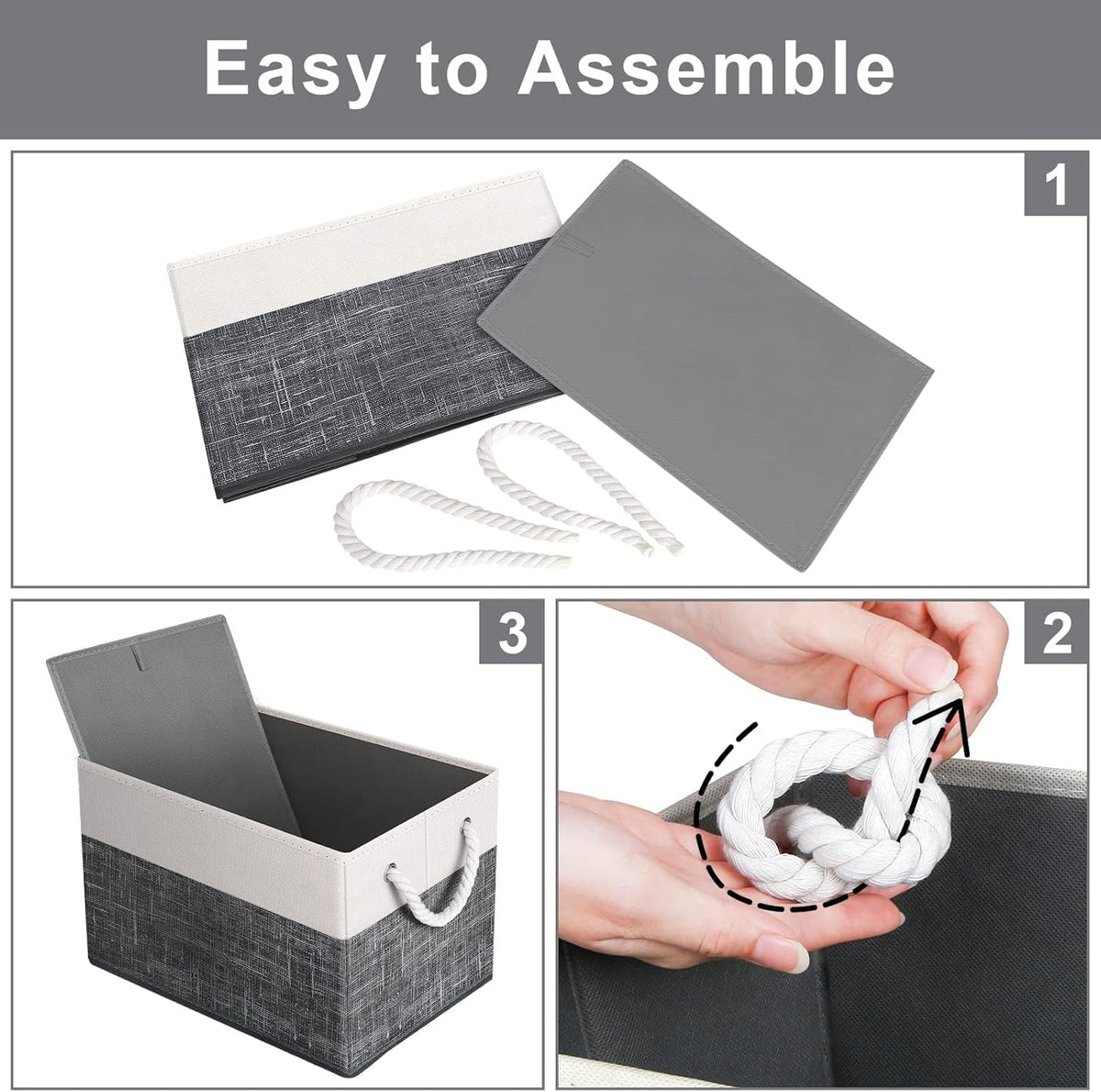 Fab totes Storage Bins, Foldable Storage Baskets for Organizing Toys, Books, Shelves, Closet, Large Storage Box with Rope Handles, Sturdy Organizer Bins, White & Grey