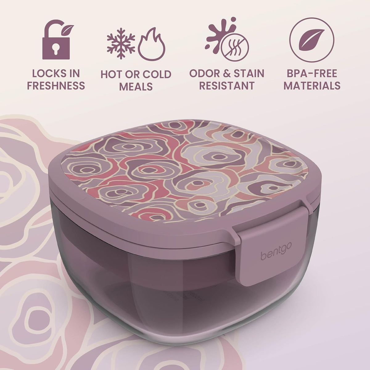Bentgo Glass Prints Salad Container - 7.6-Cup Tinted Glass Salad Bowl with Airtight Lid, Leak-Proof Sauce Container, 4-Compartment Bento Meal Prep Tray & Reusable Fork (Floral Maximalist - Sea)