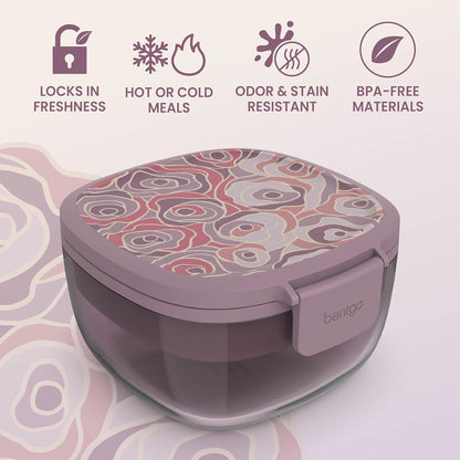 Bentgo Glass Prints Salad Container - 7.6-Cup Tinted Glass Salad Bowl with Airtight Lid, Leak-Proof Sauce Container, 4-Compartment Bento Meal Prep Tray & Reusable Fork (Floral Maximalist - Sea)