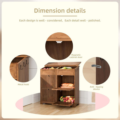 4 Tier Narrow Potato Storage Bin, Tall Wood Potato and Onion Storage Bin with Wheel, Movable Fruit and Vegetable Basket, Food Small Kitchen Pantry Cabinet, Wooden Bread Box, Walnut, Sliding Door