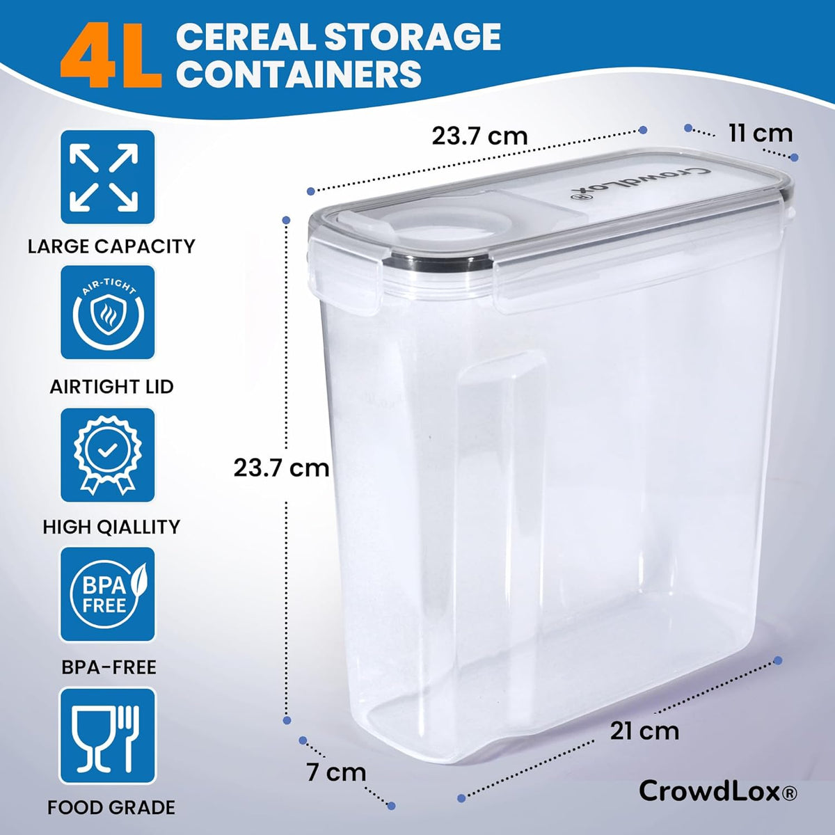 Cereal Storage Containers 4L Food Grade and BPA Free Sets with Lids Kitchen Storage & Organisation Food Containers Large Kitchen Organiser for Cornflakes (Single Unit)