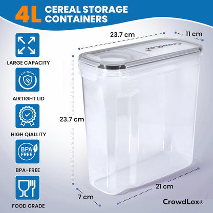 Cereal Storage Containers 4L Food Grade and BPA Free Sets with Lids Kitchen Storage & Organisation Food Containers Large Kitchen Organiser for Cornflakes (Single Unit)