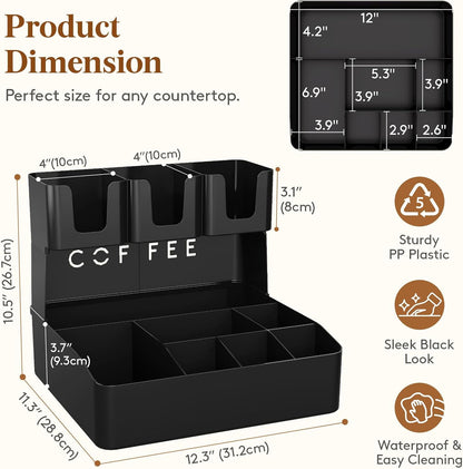 Lifewit 2-tier Coffee Station Organizer Caddy for Countertop, 10 Compartments Coffee Bar Organizers for Cups, Pods, Sugar, Compact Condiment Holders Storage for Office Breakroom Kitchen Home Black