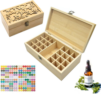 Pure Vie Essential Oil Bamboo Storage Box Travel Display Presentation, Holds 26 Bottles for 5, 10, 15ml - Aromatherapy Organizer Nail Polish Fragrance Container - Keep Your Oils Safe & Space Saver