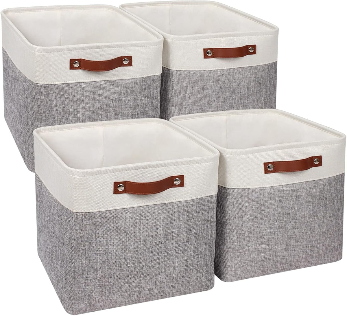 Univivi 4PC Small Fabric Storage Bins,15x6x5 inch Long Narrow Storage Baskets with PU Handles for Closet,Cabinet,Countertop Organizing Small Items (Gray,15x6x5 inch)
