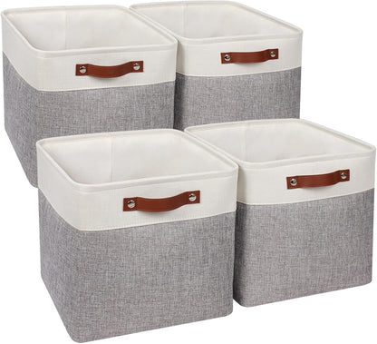 Univivi 4PC Small Fabric Storage Bins,15x6x5 inch Long Narrow Storage Baskets with PU Handles for Closet,Cabinet,Countertop Organizing Small Items (Gray,15x6x5 inch)