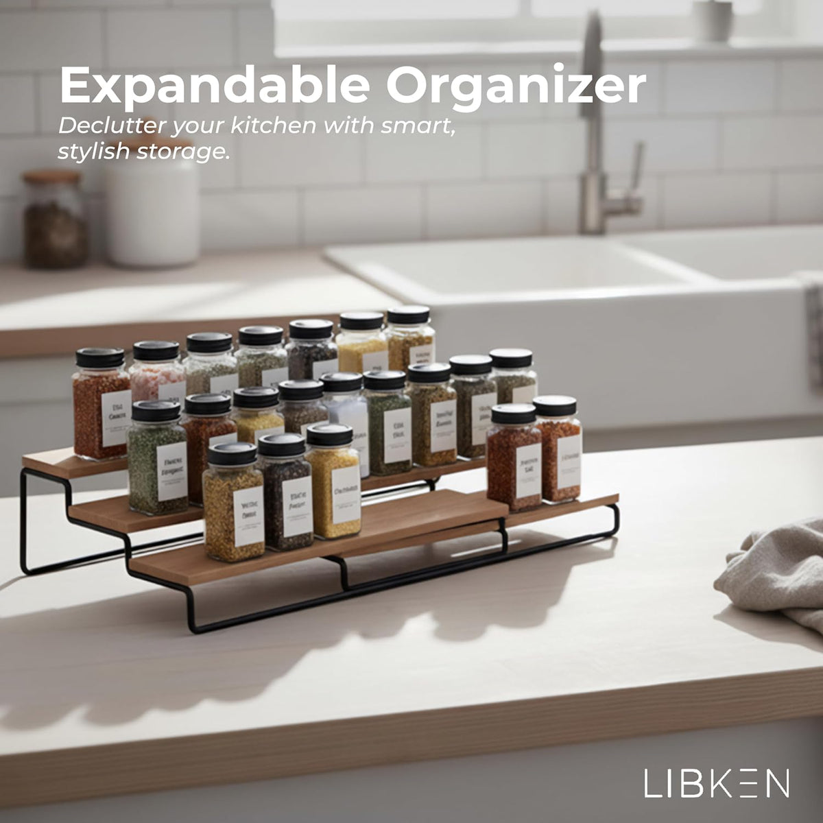 LIBKEN Tiered Spice Rack Organizer – Warm Gray Metal Countertop & Cabinet Spice Stand, Strong & Sturdy 3-Tier Shelf for Kitchen, Pantry, Seasoning Bottles – Minimal Scandinavian Design
