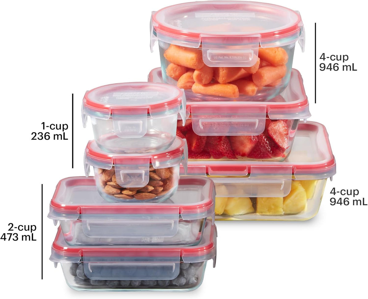 Pyrex Freshlock (4 Cup) Glass Food Storage Containers Set, Airtight & Leakproof Plastic Locking Lids BPA-Free, Meal Prep Containers Set, Freezer Dishwasher Microwave Safe