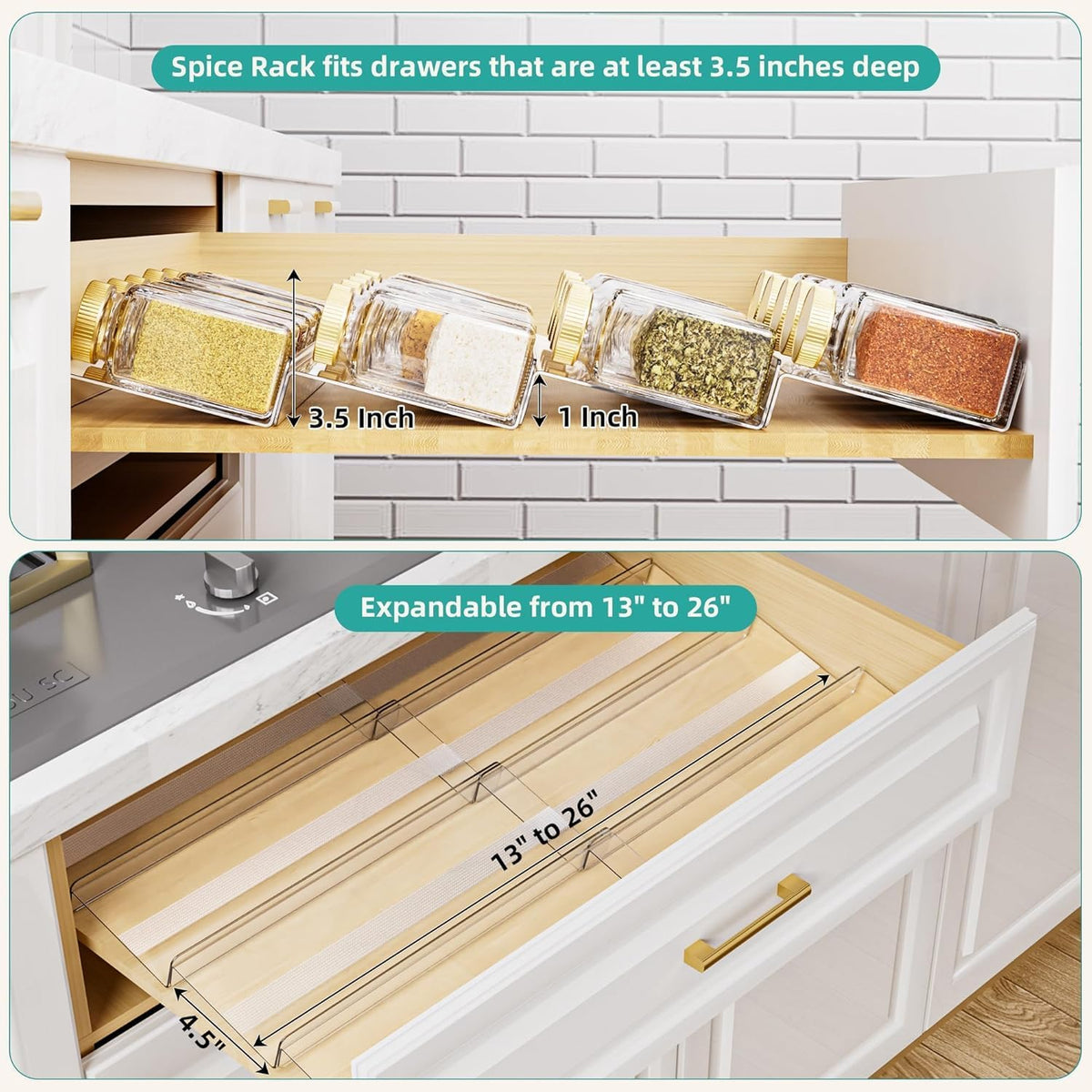 MIUKAA Acrylic Spice Drawer Organizer, 4 Tier - Seasoning Organizer for Drawer, Expandable From 13" to 26" Kitchen Drawer Spice Rack with Slip-Proof Mat (Jars not Included)