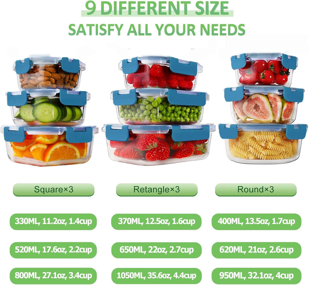 HOMBERKING 18 Piece Glass Food Storage Containers with Lids, Glass Meal Prep Containers, Airtight Lunch Bento Boxes, BPA-Free & Leak Proof, Oven, Freezer and Dishwasher Safe (9 lids & 9 Containers)