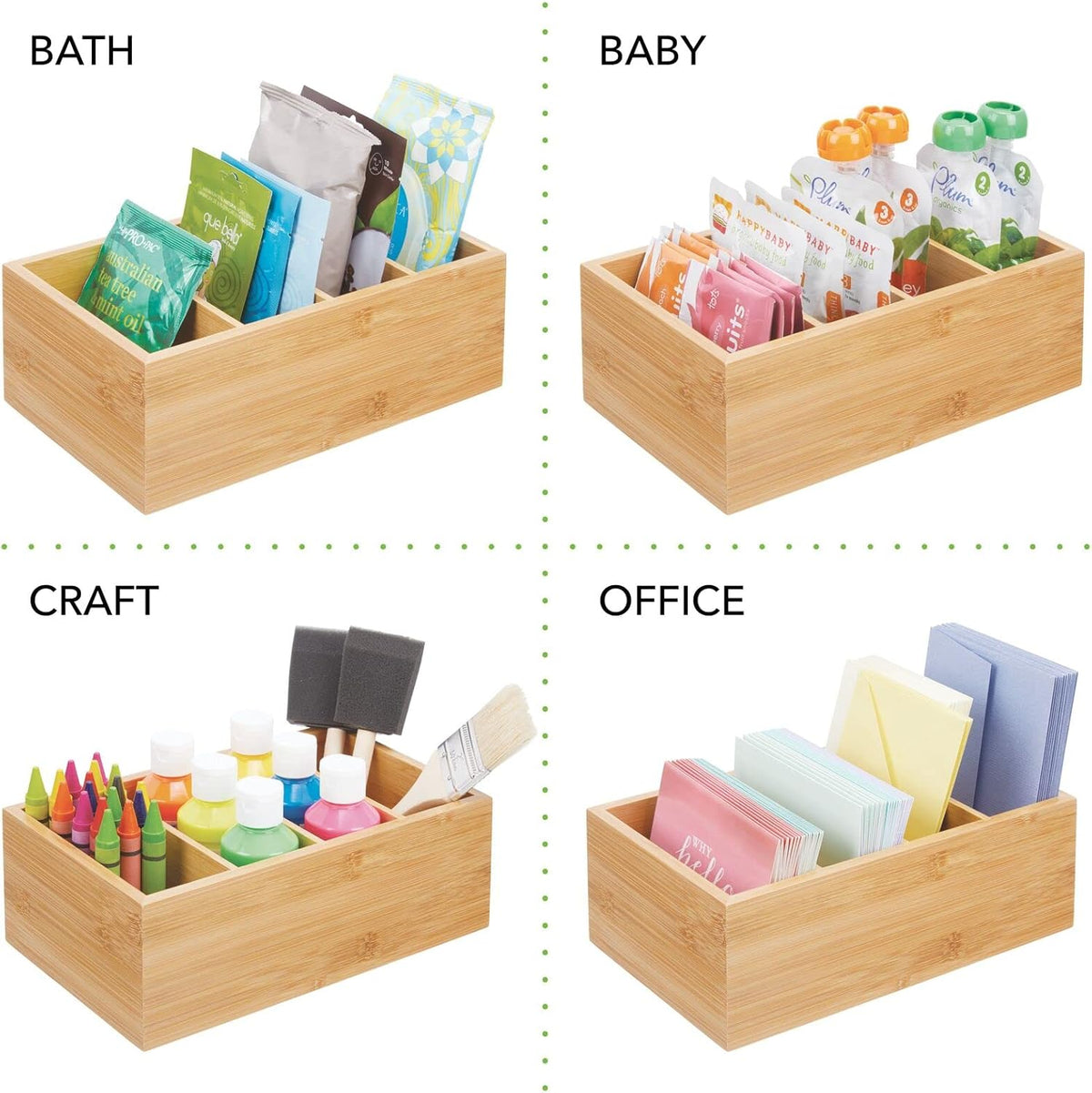 mDesign Bamboo Wood Compact Food Storage Organizer Bin Box - 4 Divided Sections - Holder for Seasoning Packets, Pouches, Soups, Spices, Snacks - Natural