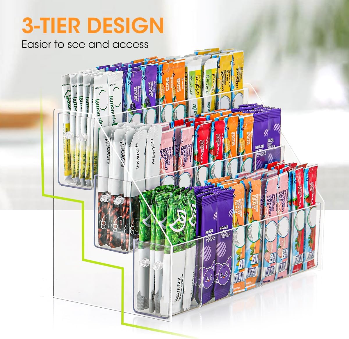AIEVE Drink Packet Organizer with 15 Compartments, Water Packet Organizer for Water Flavor Drink Mix, Easy Assembly Acrylic Sugar Packets Holder for Cabinet Kitchen Storage Organization