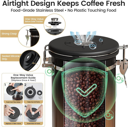 Veken Coffee Canister with Window, Family Choice Awards Winner, Airtight Stainless Steel Home Kitchen Food Storage Container with Lids for Grounds, Beans, Tea, Flour,Cereal,Sugar Jars,Scoop,16OZ,Black