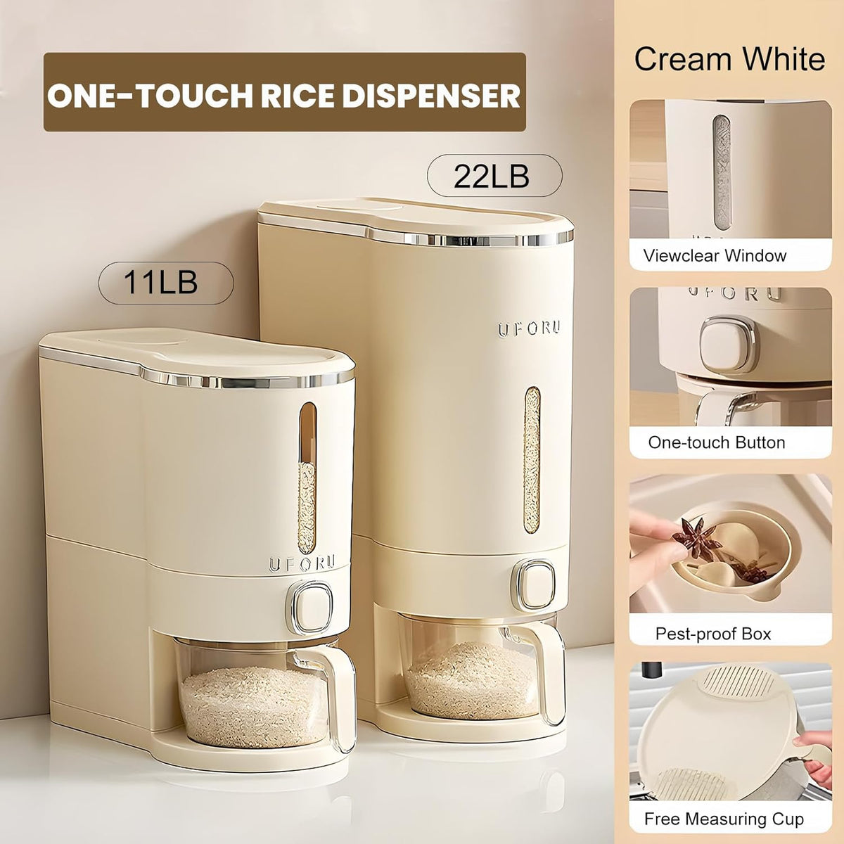 UFORU Rice Dispenser, Rice Storage Container with Measuring Cup for Kitchen Pantry Household, Cereal Dry Food Storage Containers Airtight, Sealed Moisture Proof (Brown 11 Lbs)