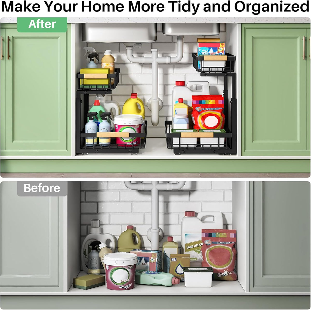 Kitstorack Under Sink Organizer, 2 Tier Under the Sink Storage, Slide out Pull out Cabinet Organizer Shelf, Metal Sliding Drawer for Kitchen Bathroom Pantry Closet Organization Rack, Black