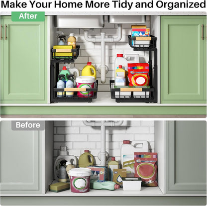 Kitstorack Under Sink Organizer, 2 Tier Under the Sink Storage, Slide out Pull out Cabinet Organizer Shelf, Metal Sliding Drawer for Kitchen Bathroom Pantry Closet Organization Rack, Black