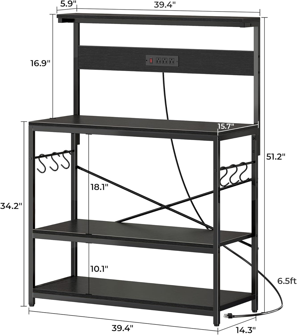 SUPERJARE Kitchen Bakers Rack with Power Outlet, Coffee Bar Table 4 Tiers, Kitchen Microwave Stand with 6 S-shaped Hooks, Storage Shelf Rack for Spices, Pots and Pans - Rustic Brown