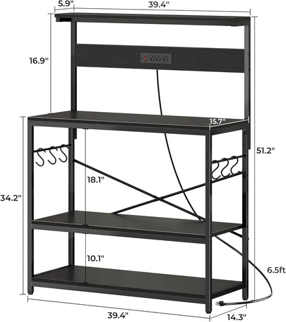 SUPERJARE Kitchen Bakers Rack with Power Outlet, Coffee Bar Table 4 Tiers, Kitchen Microwave Stand with 6 S-shaped Hooks, Storage Shelf Rack for Spices, Pots and Pans - Rustic Brown