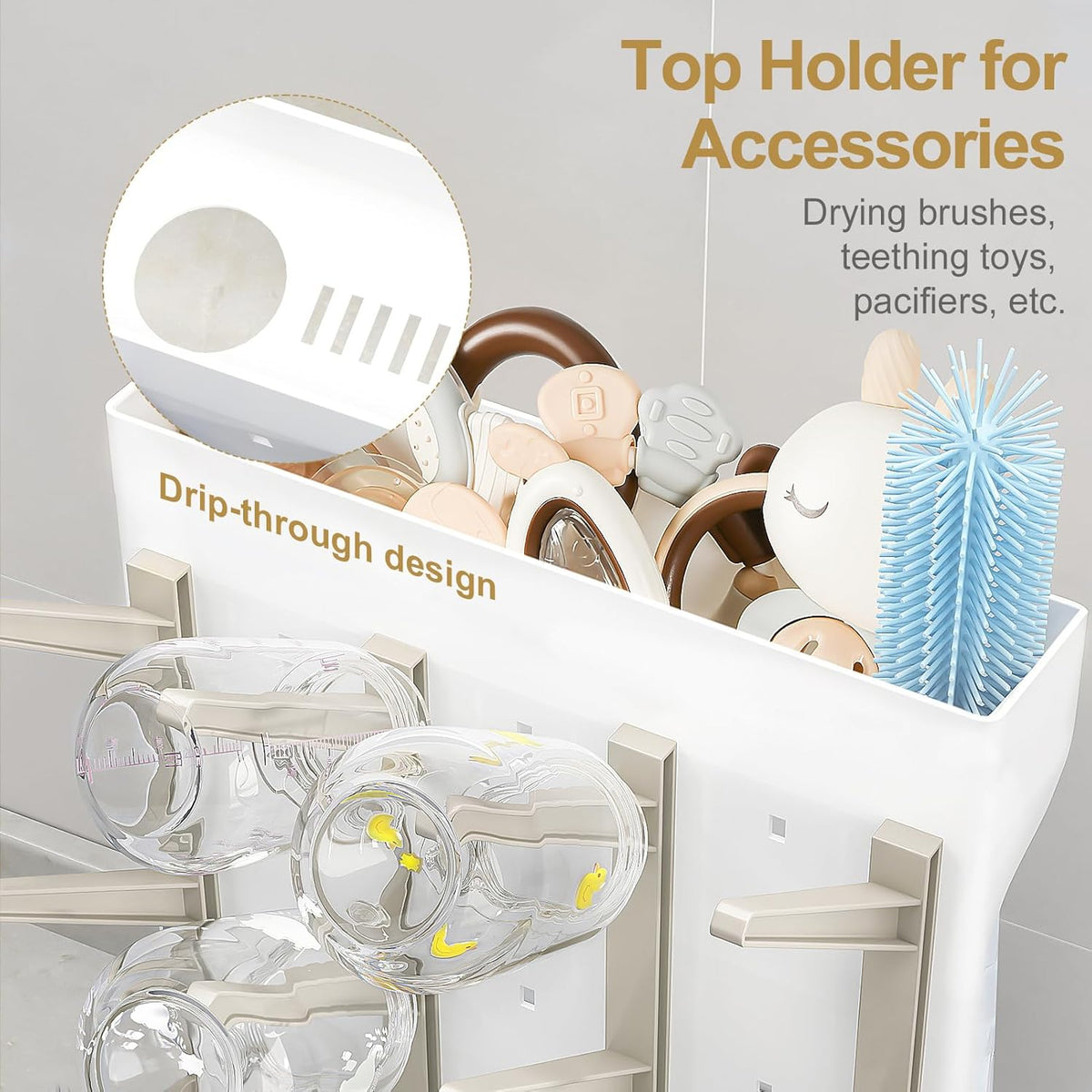 GoMaihe Baby Bottle Drying Rack: Space Saving Vertical Bottle Dryer Holder - Newborn Accessories Storage Stand Organize Brushes Pacifiers on Countertop - BPA-Free - Gray