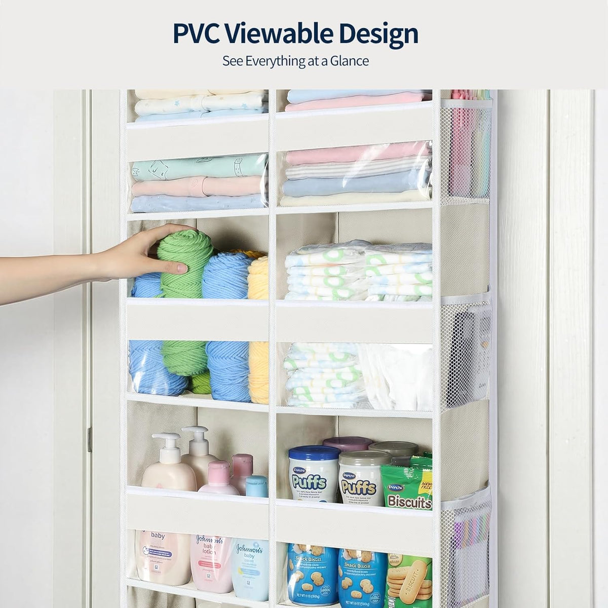 Yecaye Over The Door Organizer, 5 Tier Extra Large Behind Door Storage of 10 Compartments, 80lbs Heavy Duty Door Organizer Hanging with Clear Window for Closet Bedroom Pantry Bathroom, Grey
